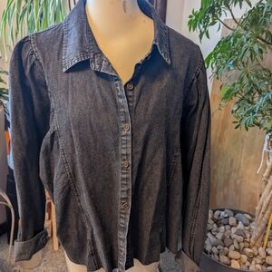 Unbranded Black Denim LS Gathered Sleeve Raw Hem Cropped Shirt Sz 14-16